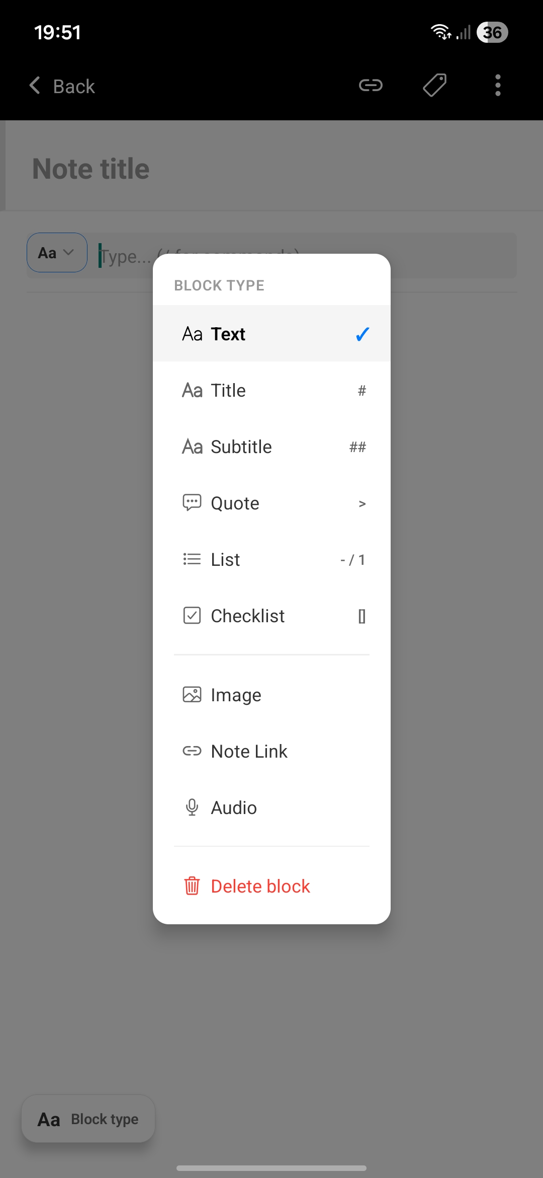 Creating a note with block menu open